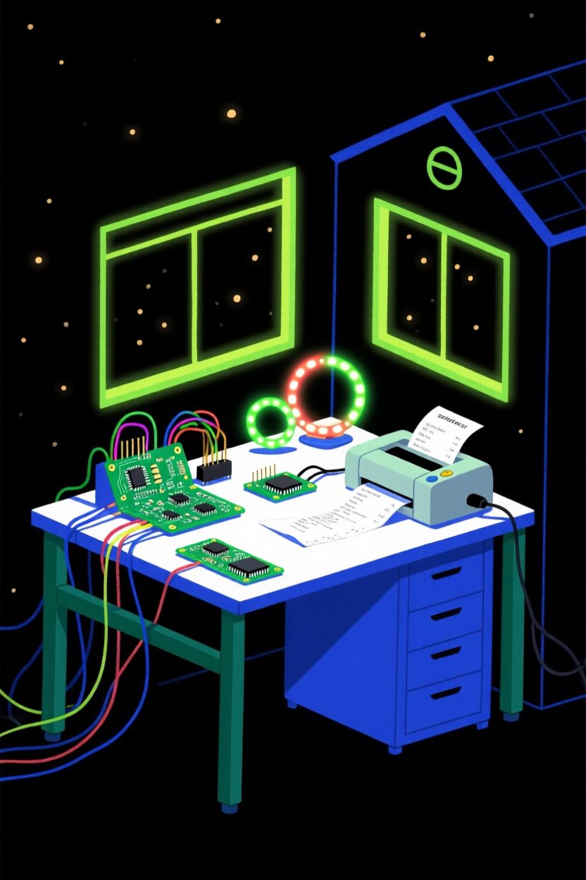 Illustrated workbench with glowing electronics and a tiny receipt printer